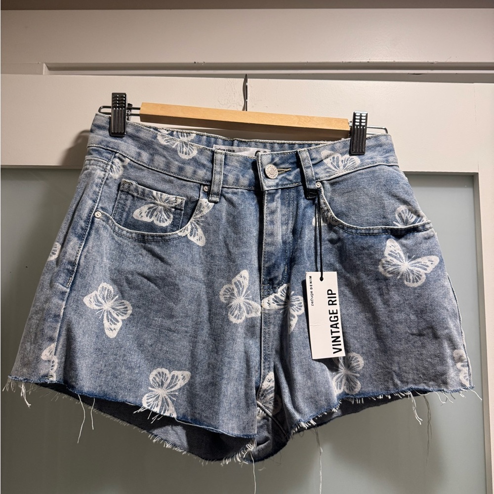 Light Blue Butterfly Print Jean Shorts